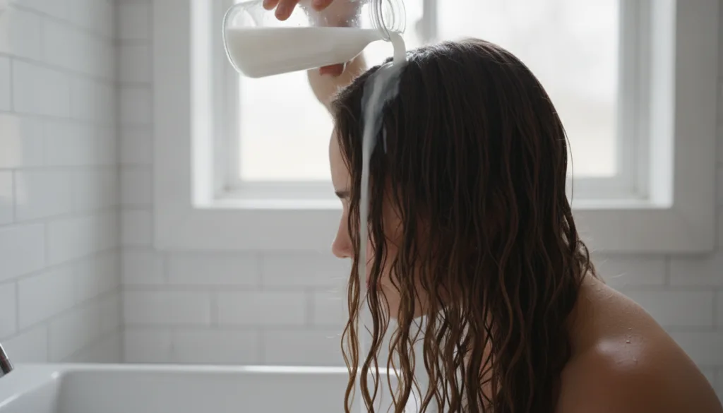 A person with long dark hair gently pouring a stream of cloudy liquid rice water over their scalp and hair in a bathroom