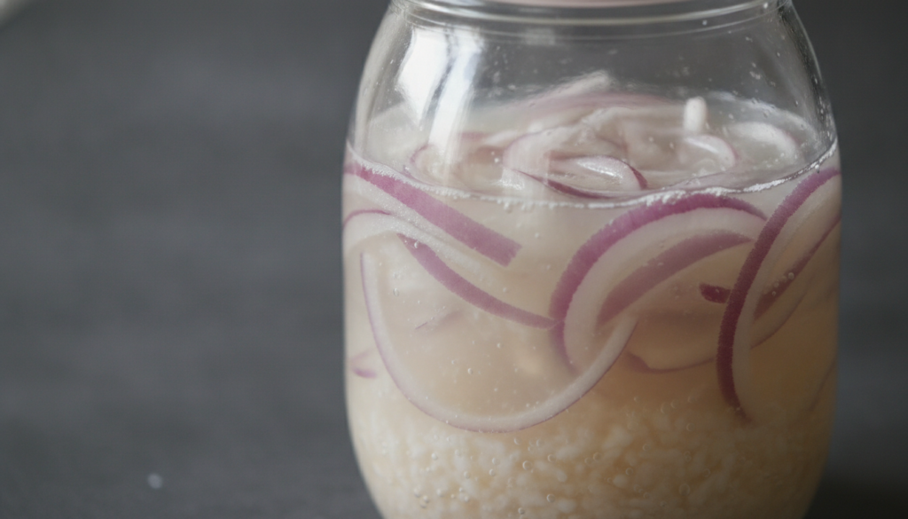 Close-up shot of a clear glass jar containing fermented rice water with red onion slices infusing on a dark background T