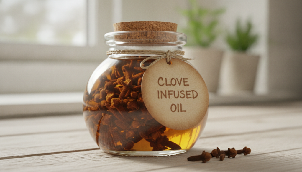 Close-up of cloves in a glass jar infusing in oil with a label indicating Clove Infused Oil