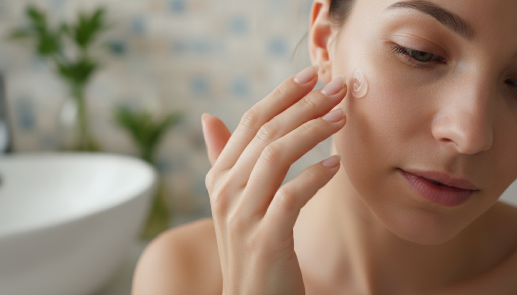 A woman s hand gently applying a small amount of homemade facial gel to her cheek demonstrating the usage