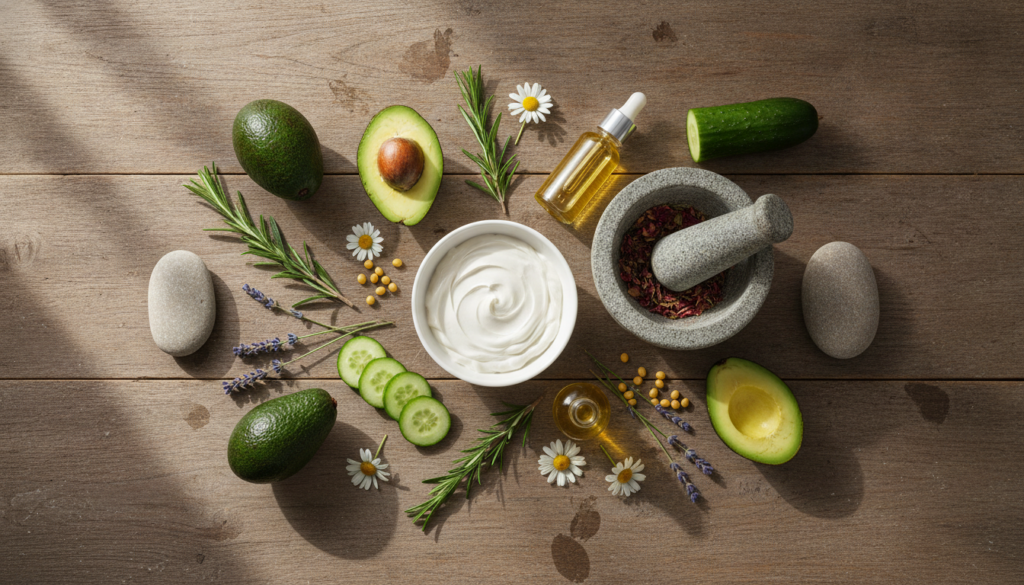 A beautiful flat lay of various fresh natural skincare ingredients like lemon cucumber slices aloe vera leaf and a small