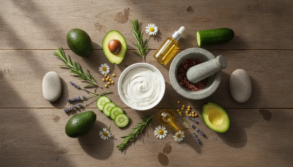 A beautiful flat lay of various fresh natural skincare ingredients like lemon cucumber slices aloe vera leaf and a small