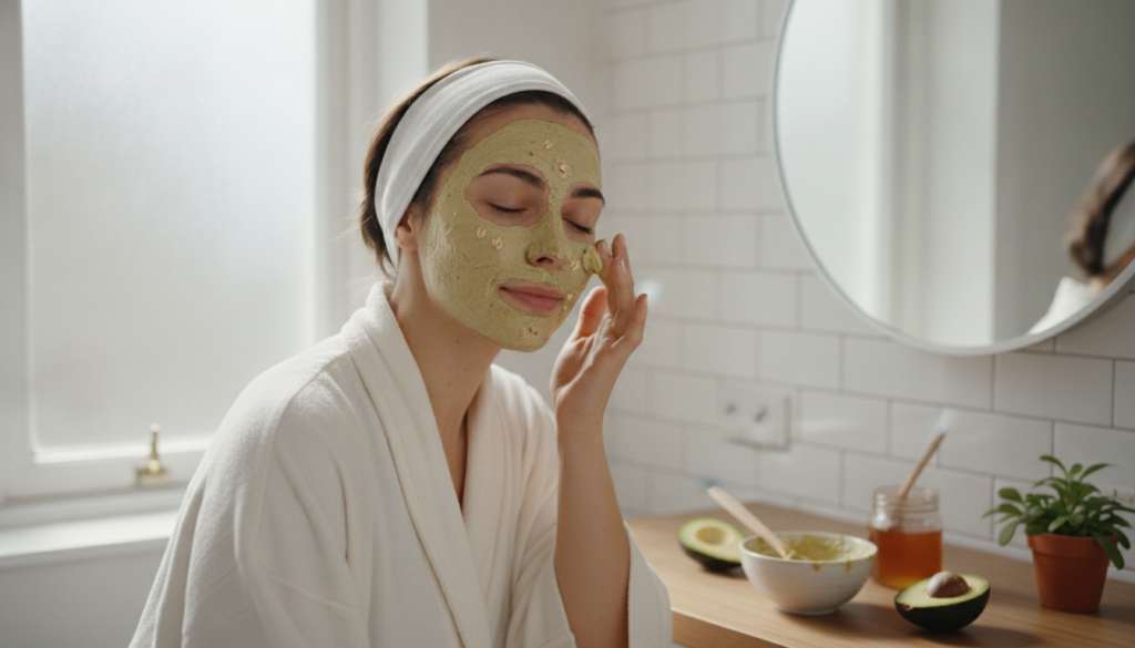 A close-up of a woman applying a natural DIY face mask made from egg whites and lemon with a soft clean aesthetic