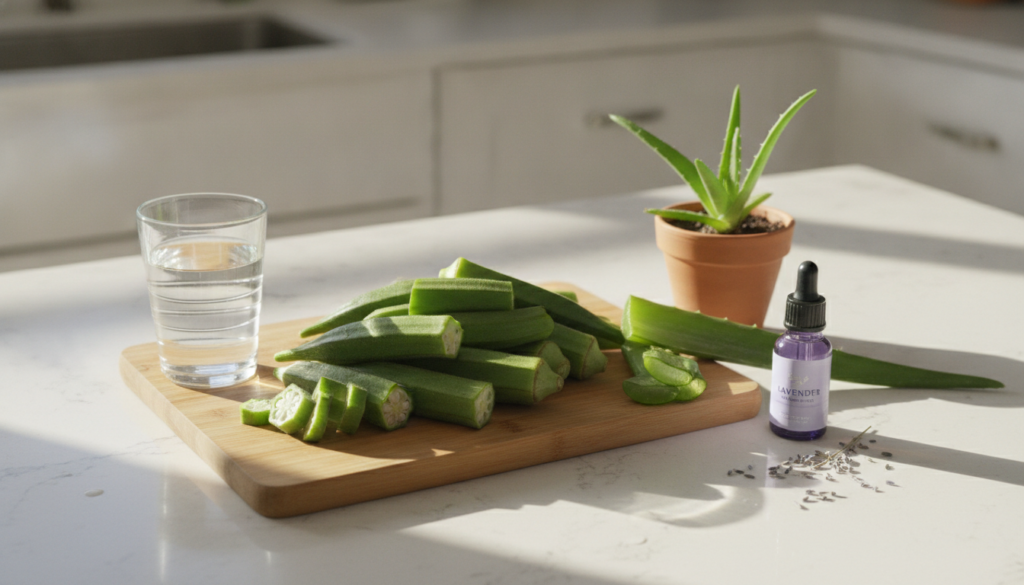 All the ingredients for the okra face serum laid out on a clean kitchen counter fresh okra pods a glass of water an aloe