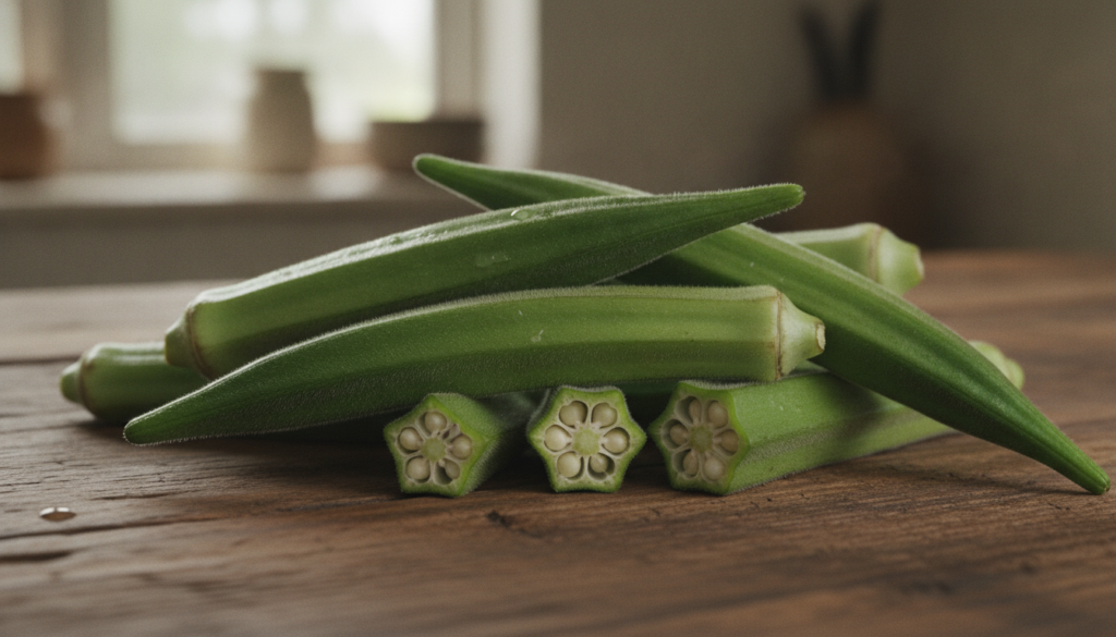 A close-up shot of fresh green okra pods on a rustic wooden table with soft natural lighting implying natural beauty ing