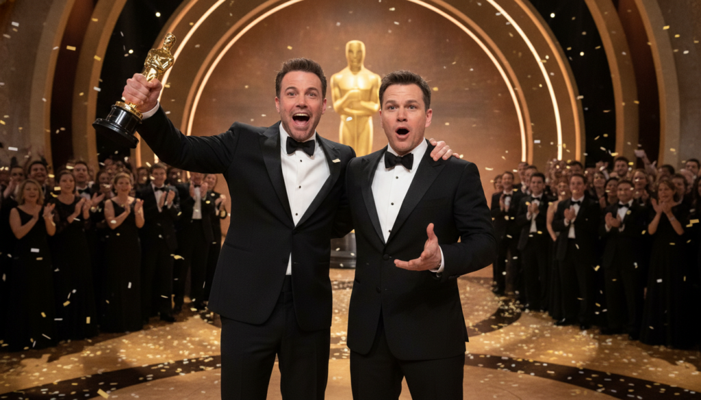 Matt Damon and Ben Affleck holding their Oscar for Best Original Screenplay for Good Will Hunting at the Academy Awards