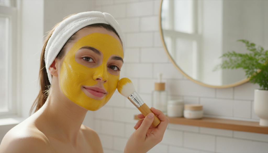 A woman gently applying a vibrant yellow face mask to her clean face with a soft brush in a well-lit bathroom or spa-lik