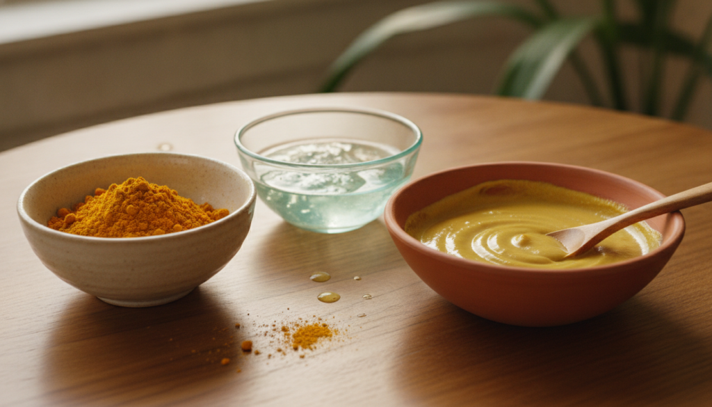 A small bowl containing a vibrant yellow powder another small bowl with a clear soothing gel and a third bowl with the t