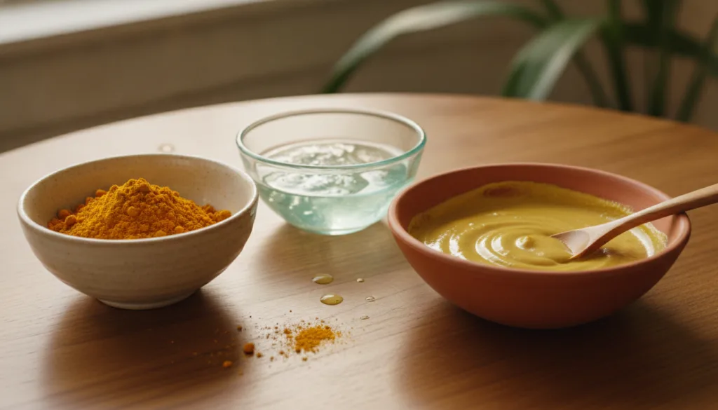 A small bowl containing a vibrant yellow powder another small bowl with a clear soothing gel and a third bowl with the t