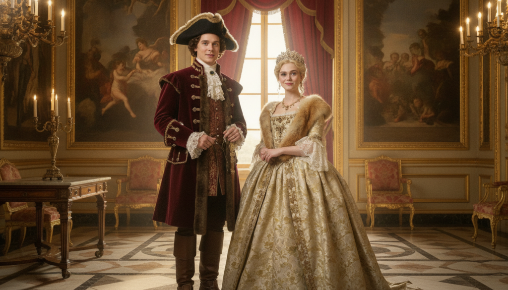 Nicholas Hoult and Elle Fanning in a promotional still for The Great in elaborate 18th-century Russian attire looking re