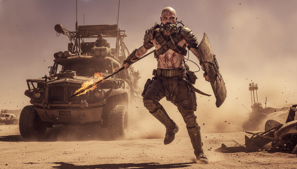 Nicholas Hoult as Nux in Mad Max Fury Road with a bald head and pale skin in a dusty action-packed desert scene