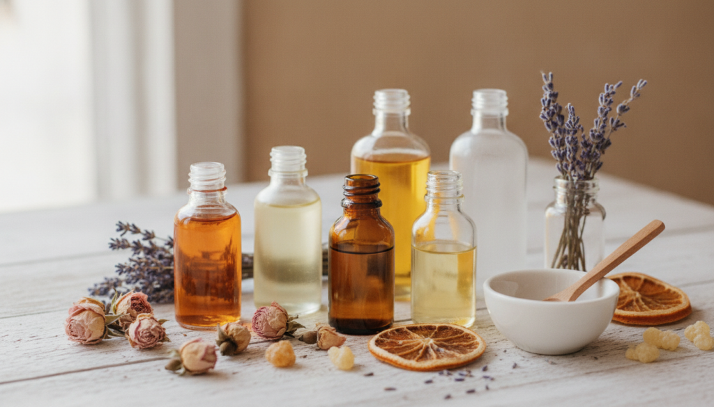Small glass bottles of various natural oils like rosehip jojoba argan frankincense and lavender arranged beautifully wit