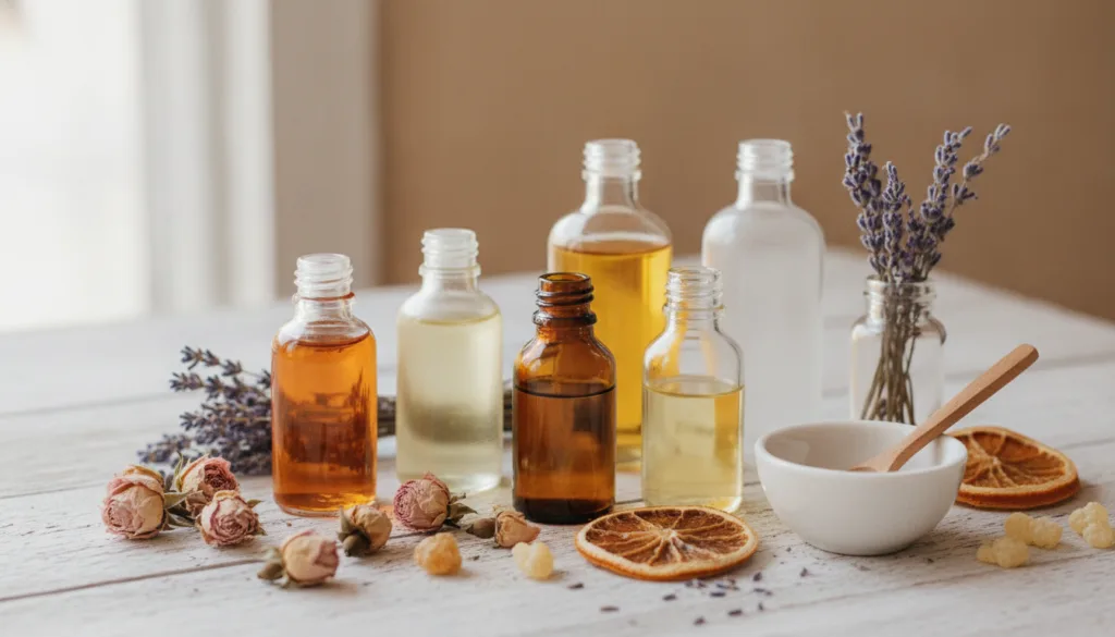 Small glass bottles of various natural oils like rosehip jojoba argan frankincense and lavender arranged beautifully wit