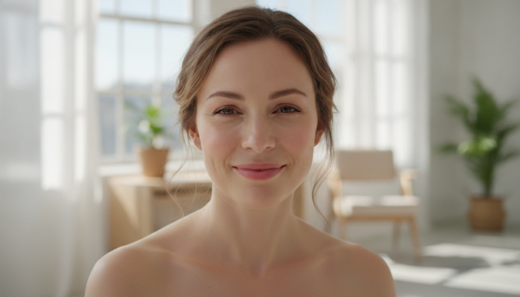 A woman with glowing clear skin smiling serenely with soft natural light Her skin looks smooth and healthy subtly convey