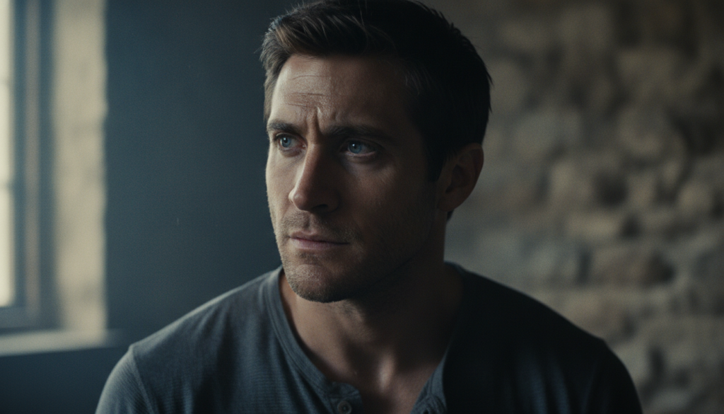Jake Gyllenhaal in a dramatic pose perhaps from a movie showcasing his acting intensity