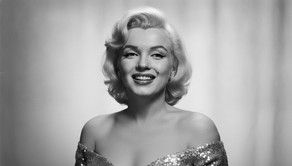 Marilyn Monroe in a classic pose smiling with her signature blonde curls and glamorous makeup