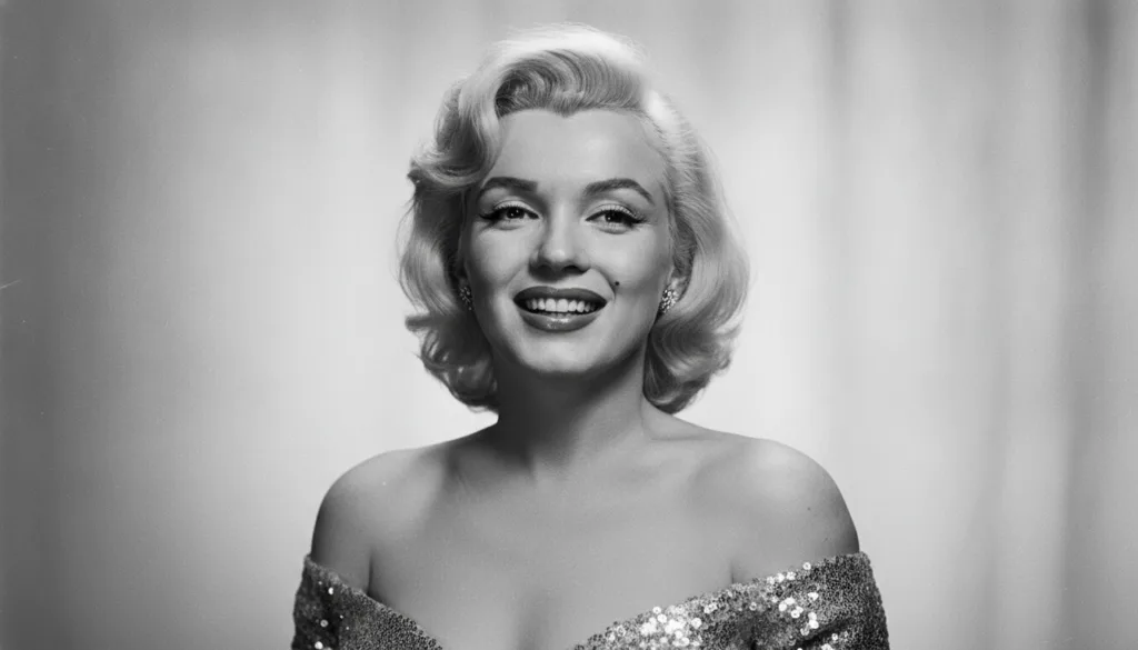 Marilyn Monroe in a classic pose smiling with her signature blonde curls and glamorous makeup