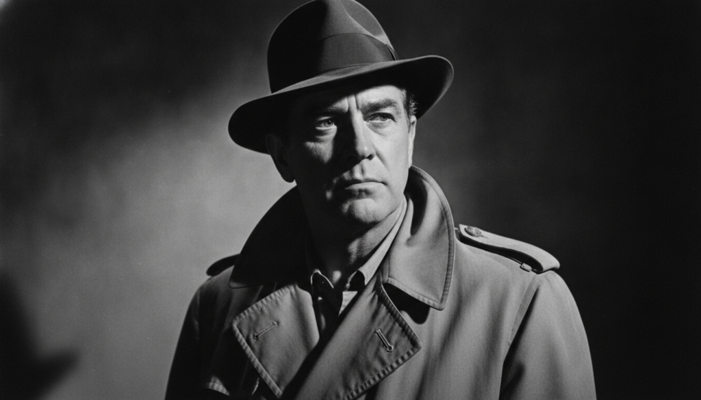 A black and white portrait of a stoic Humphrey Bogart perhaps wearing a trench coat and fedora looking intensely at the 