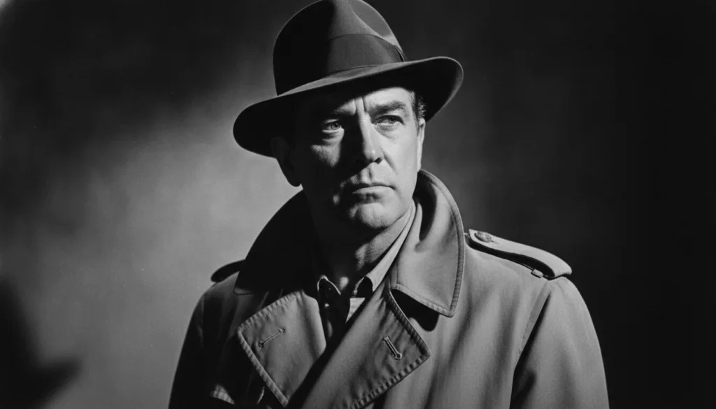 A black and white portrait of a stoic Humphrey Bogart perhaps wearing a trench coat and fedora looking intensely at the