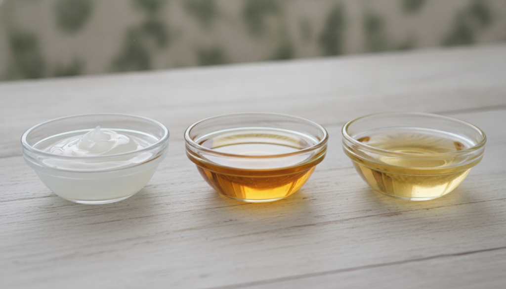A close-up shot of small bowls or containers holding Vaseline baby oil and almond oil with a natural warm background The
