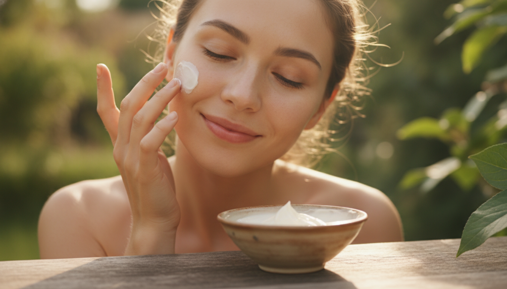 A woman gently applying the homemade cream to her face focusing on areas prone to wrinkles like around her eyes or mouth