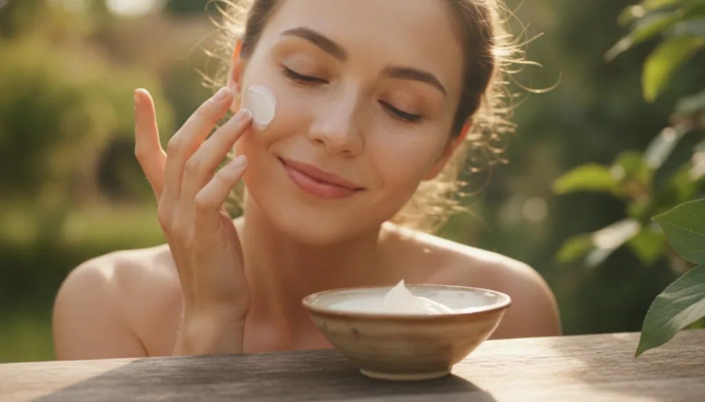 A woman gently applying the homemade cream to her face focusing on areas prone to wrinkles like around her eyes or mouth