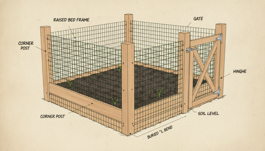 A detailed diagram illustrating the construction of a raised garden bed fence showing posts mesh extending above ground