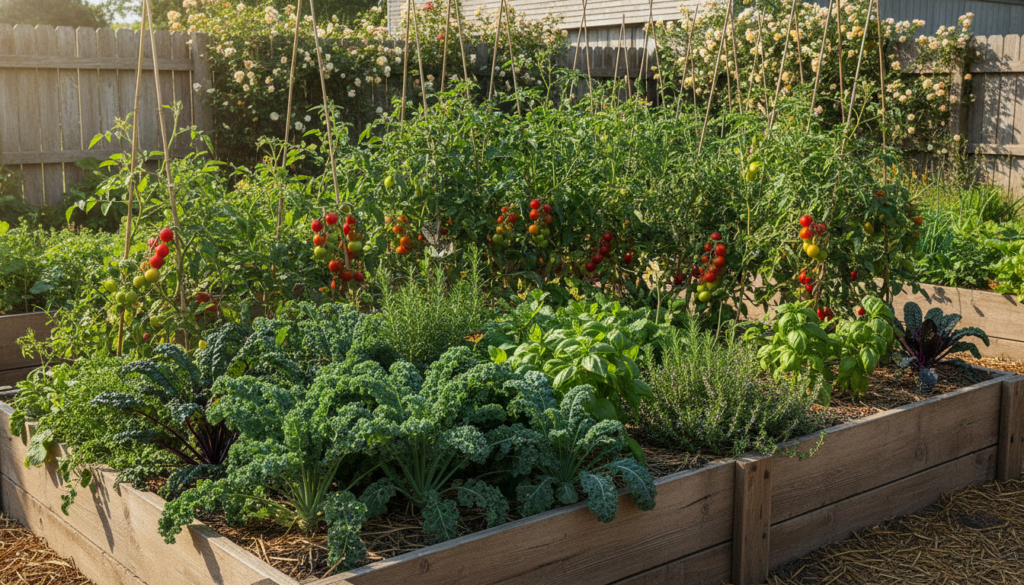 A vibrant well-maintained raised garden bed overflowing with a variety of healthy vegetables like leafy greens tomatoes
