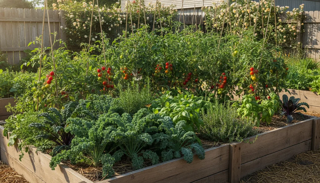 A vibrant well-maintained raised garden bed overflowing with a variety of healthy vegetables like leafy greens tomatoes 