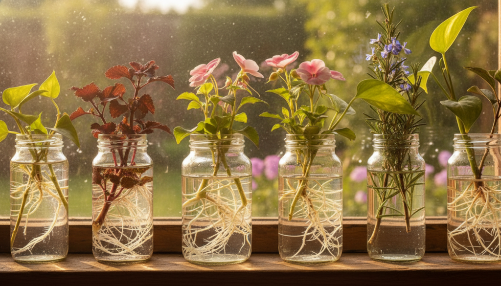 A close-up shot of several plant cuttings with developing roots submerged in clear water in glass jars on a windowsill w