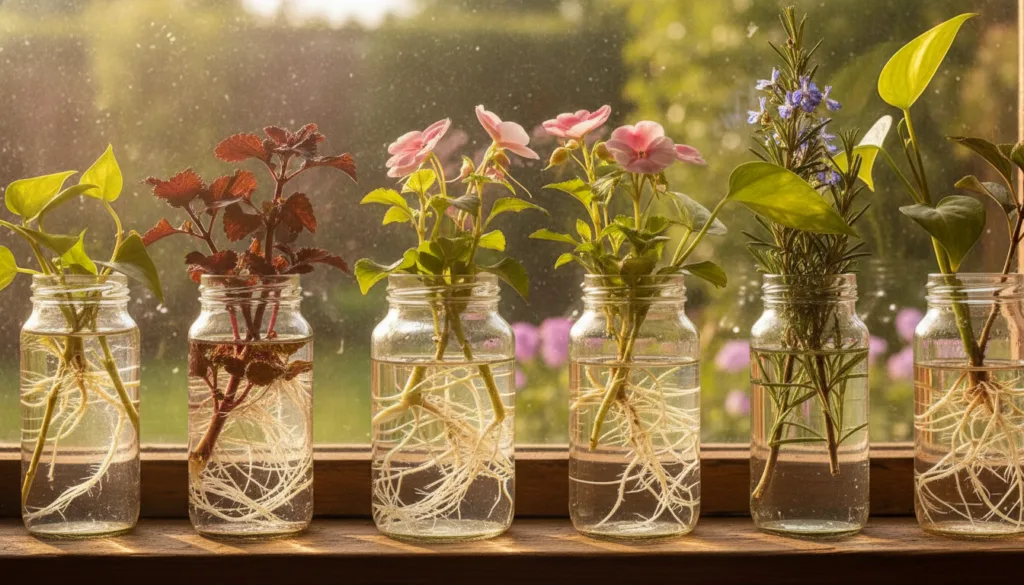 A close-up shot of several plant cuttings with developing roots submerged in clear water in glass jars on a windowsill w