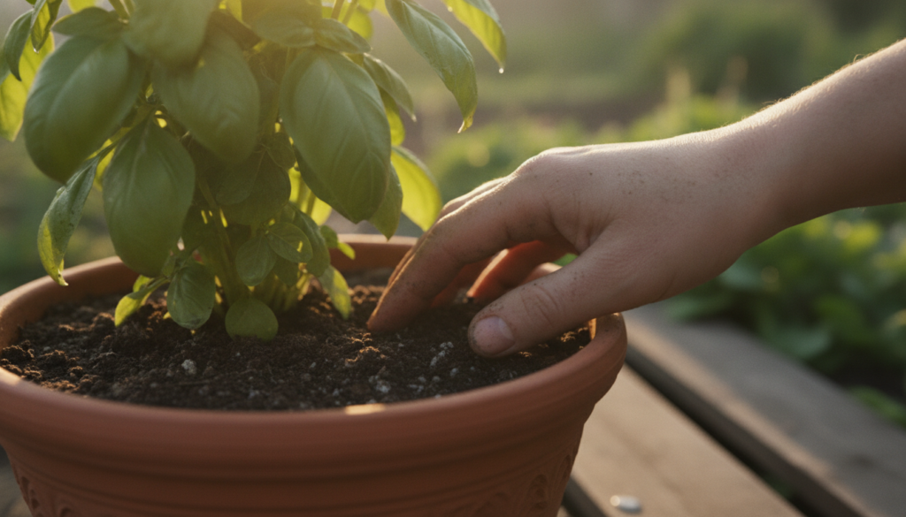 A gardener gently checking the soil moisture of a potted herb plant with their finger close up on the plant and hands