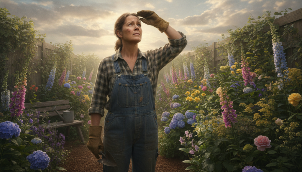 A gardener looking up at the sky observing dark clouds with a lush garden in the background illustrating adapting to wea