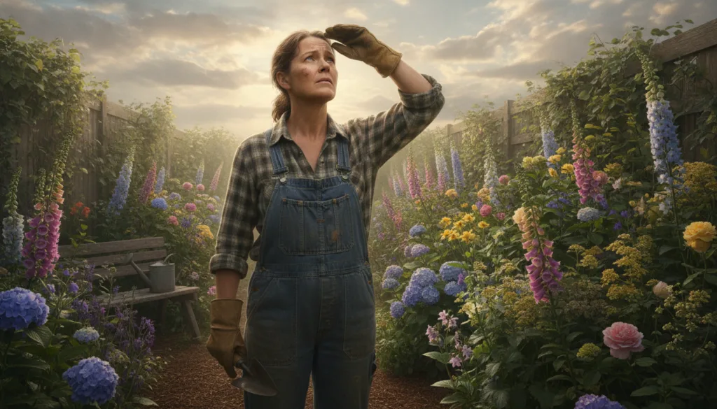 A gardener looking up at the sky observing dark clouds with a lush garden in the background illustrating adapting to wea