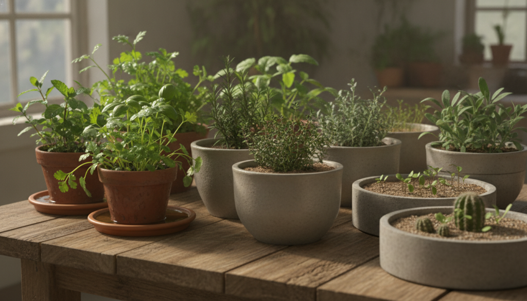 Various types of plants and herbs with different watering needs clearly showing lush basil a slightly drier rosemary and