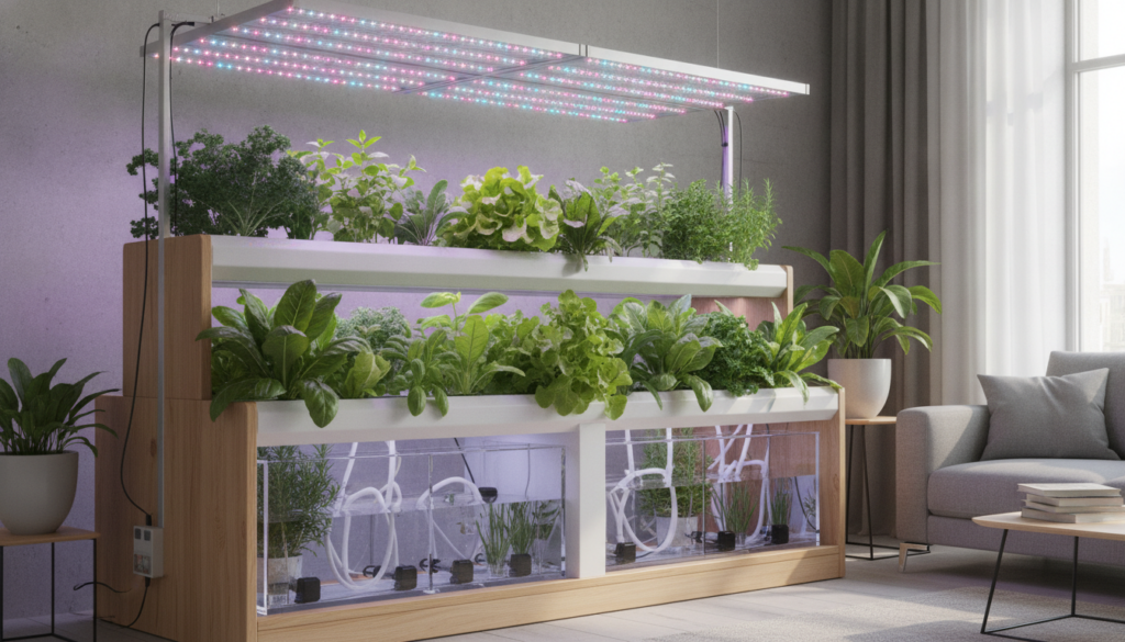 An indoor hydroponic gardening setup with various leafy green plants growing in a clean modern environment Water reservo