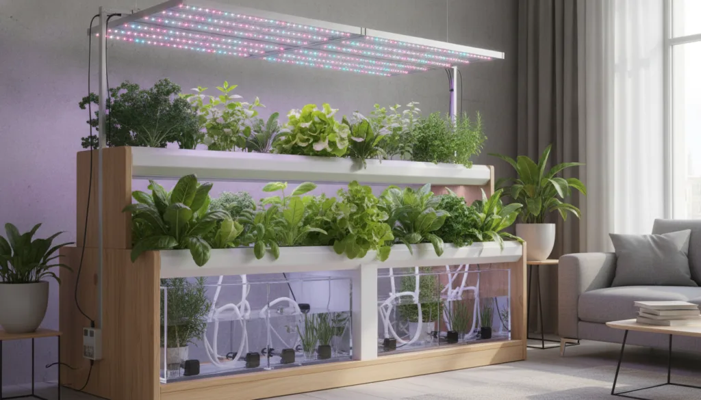 An indoor hydroponic gardening setup with various leafy green plants growing in a clean modern environment Water reservo