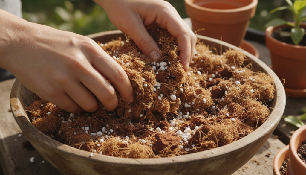 A close-up of various potting mix ingredients like coco coir perlite and bark being mixed in a large bowl or container w