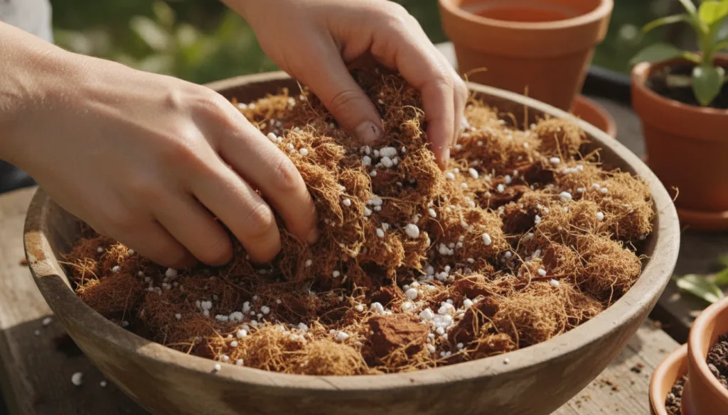 A close-up of various potting mix ingredients like coco coir perlite and bark being mixed in a large bowl or container w