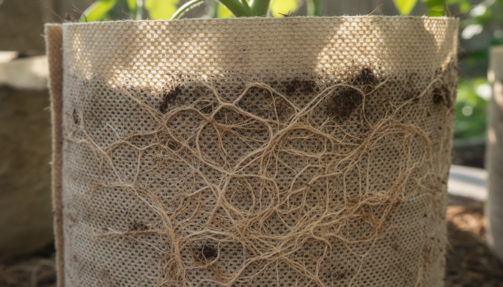 A close-up of healthy plant roots growing in a fabric grow bag illustrating good air circulation and root pruning