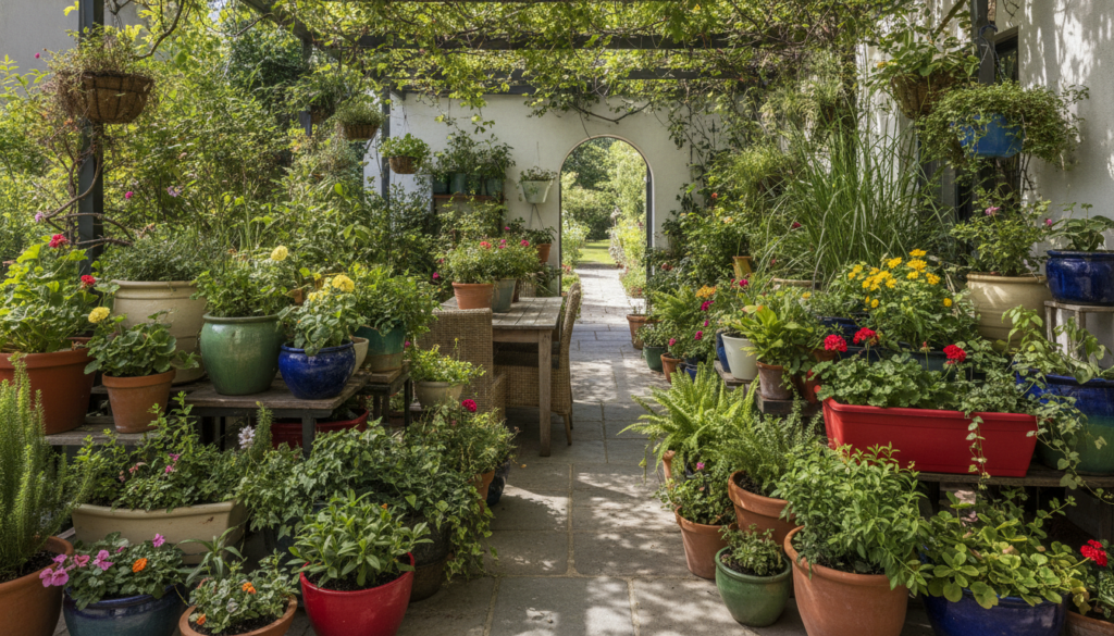 A vibrant array of potted plants in various containers terracotta ceramic plastic on a sunny patio illustrating differen