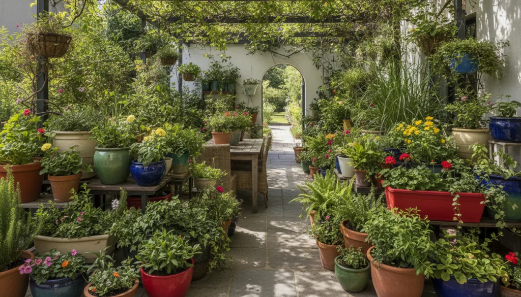 A vibrant array of potted plants in various containers terracotta ceramic plastic on a sunny patio illustrating differen