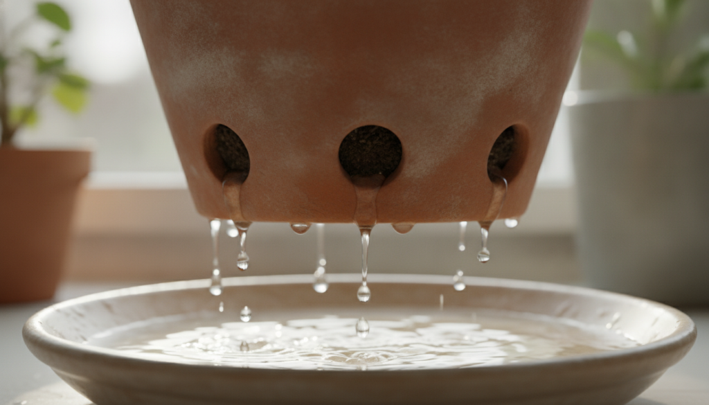 A clear demonstration of a pot with adequate drainage holes showing water flowing out freely after watering
