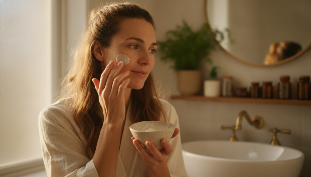 A woman gently applying a homemade cream to her cheek focusing on a dark spot with a warm natural light She has a hopefu