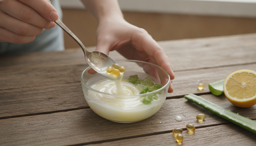 A close-up shot of hands mixing Vaseline lemon juice aloe vera and vitamin E oil in a small glass bowl with a spoon on a