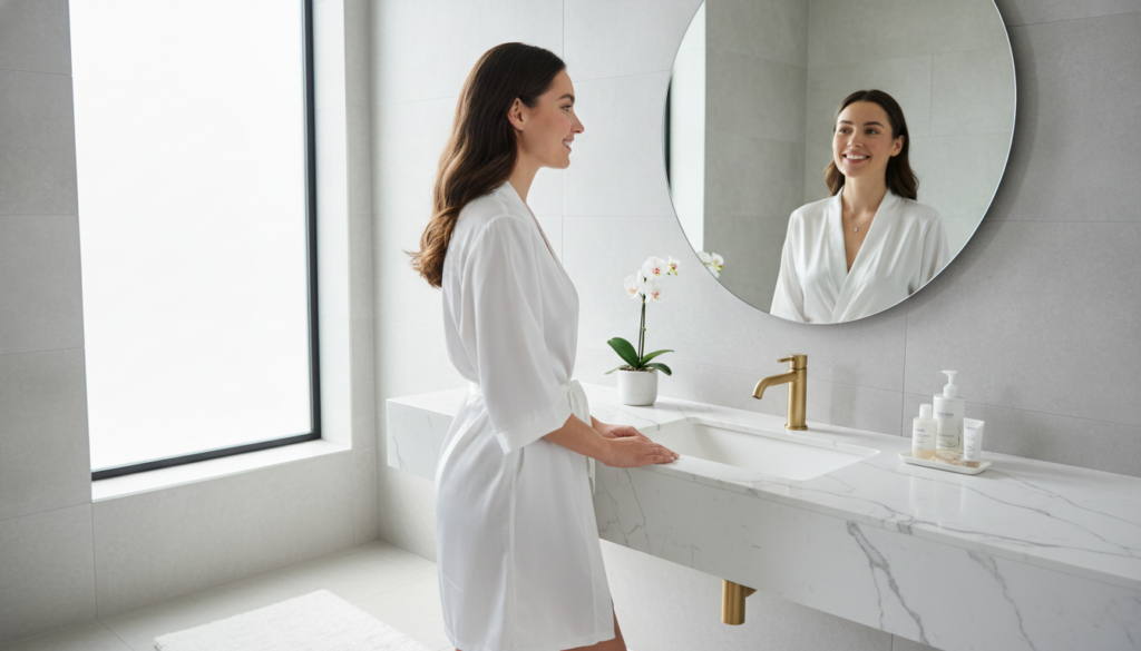 A woman smiling confidently looking at her reflection in a mirror with noticeably clearer and glowing skin symbolizing s