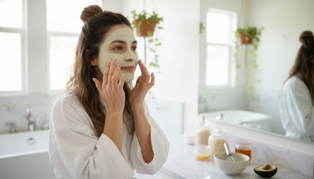 A woman gently applying a homemade face mask made from natural ingredients to her face with a soft warm light She looks 