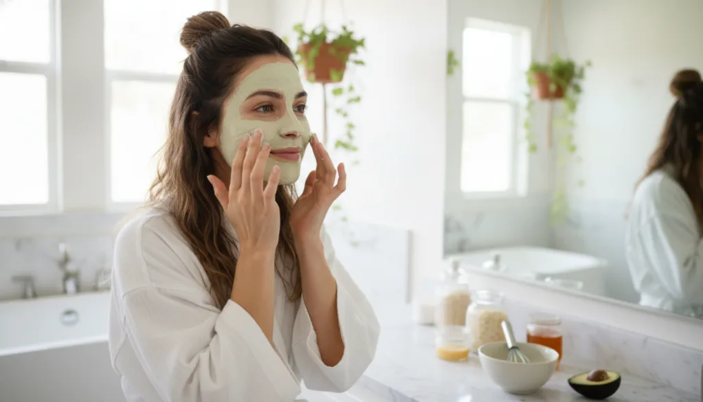A woman gently applying a homemade face mask made from natural ingredients to her face with a soft warm light She looks 