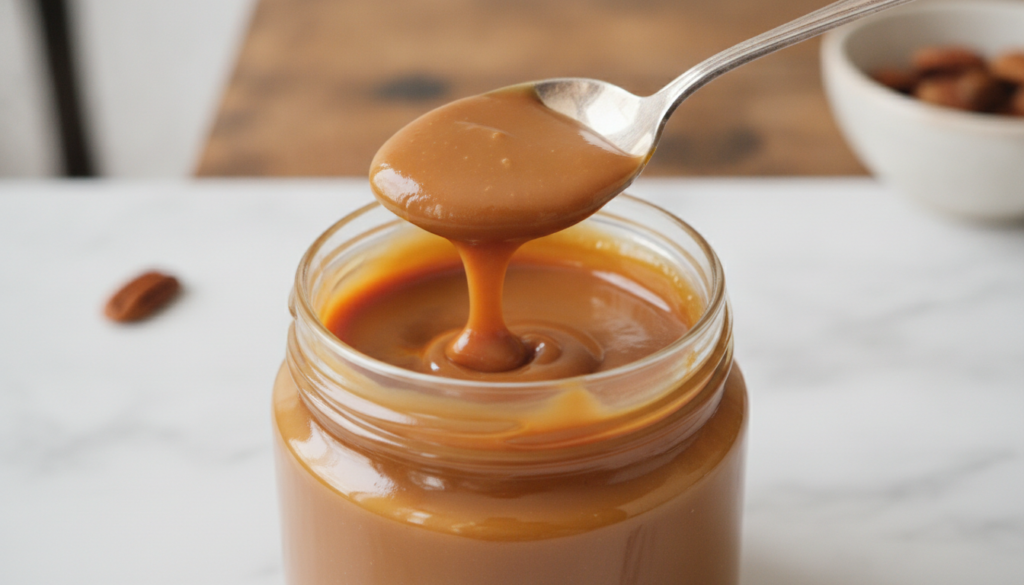 A jar of golden-brown dulce de leche with a spoon dipping into it showing its thick caramel-like texture