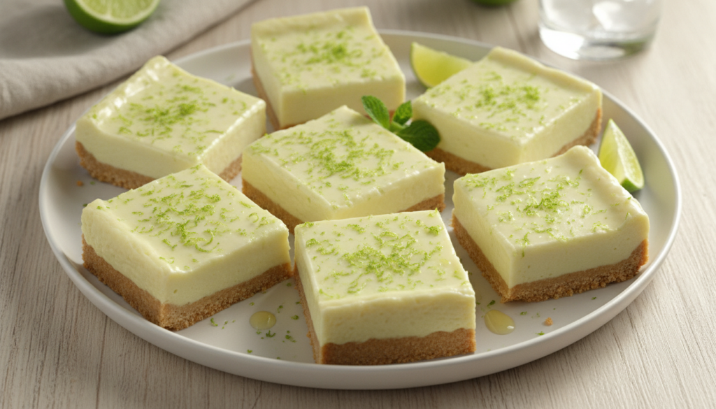 Square no-bake key lime pie bars with a graham cracker crust and a creamy pale green filling garnished with lime zest